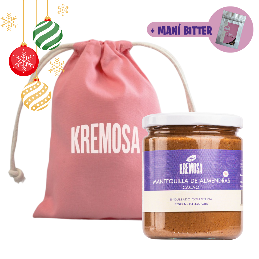 Mantequilla de Almendra Cacao 450 Grs + Bolsita Navideña + Regalo Chocolate Bitter