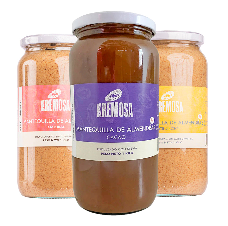Trío Mantequilla de Almendra 1 KILO (natural- crunchy- cacao) + ENVÍO GRATIS