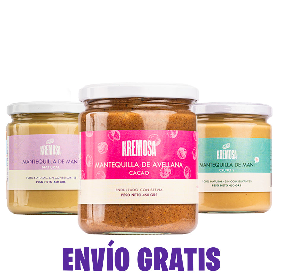 BESTSELLER Kremosa® Pack 1 Avellana Cacao, 1 Maní Natural y 1 Maní crunchy 450 Grs. + Envío Gratis