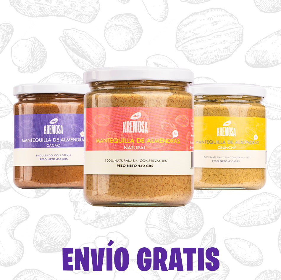 Trío Mantequilla de Almendra 450 grs (natural- crunchy- cacao)+ Regalo + GRATIS