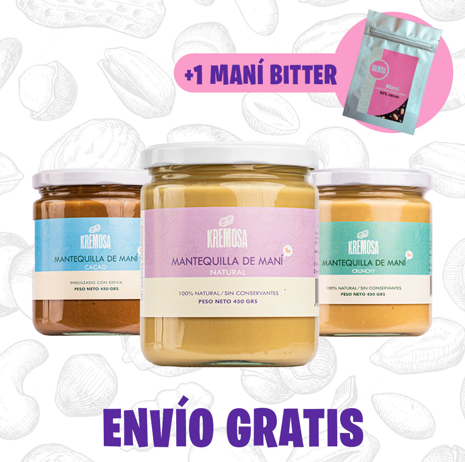 Trío Mantequilla de Maní 450 Grs (Natural-Crunchy-Cacao) + 1 Mani Bitter + ENVÍO GRATIS
