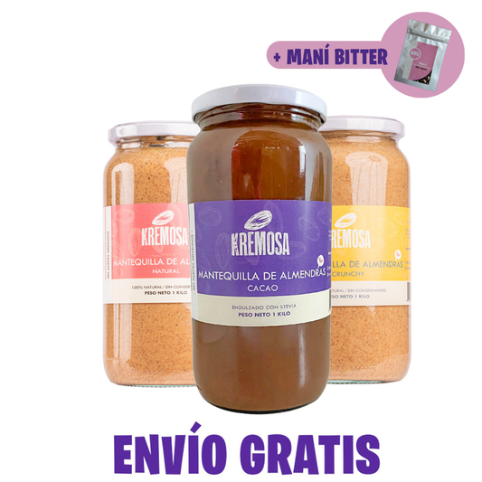 Trío Mantequilla de Almendra 1 KILO (natural- crunchy- cacao) + Regalo + ENVÍO GRATIS