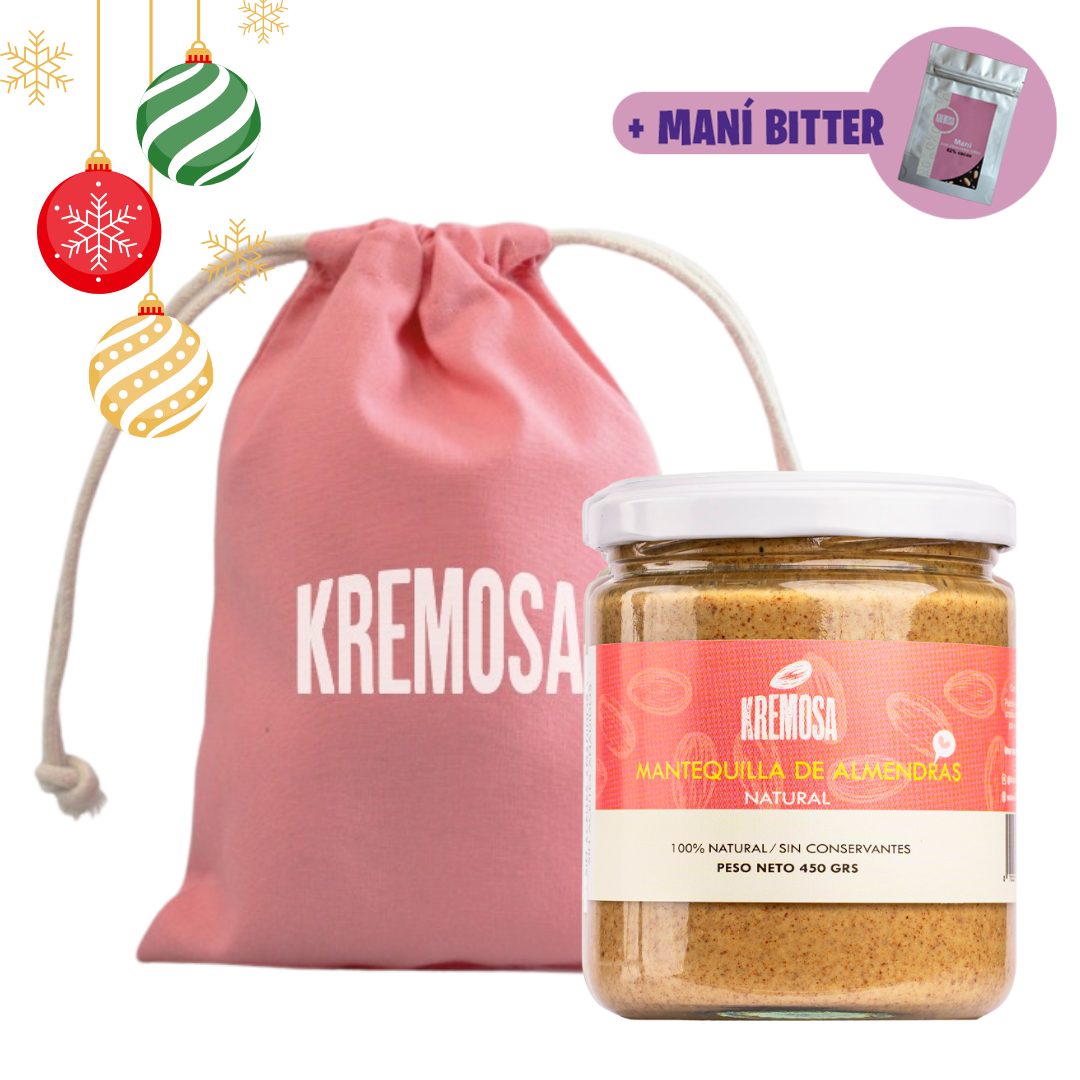 Mantequilla de Almendra Natural 450 Grs + Bolsita Navideña + Regalo Chocolate Bitter