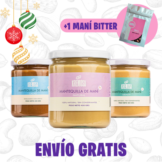 Pack Trío Mantequilla de Maní Navideña 450 Grs + 1 Maní Bitter + ENVÍO GRATIS