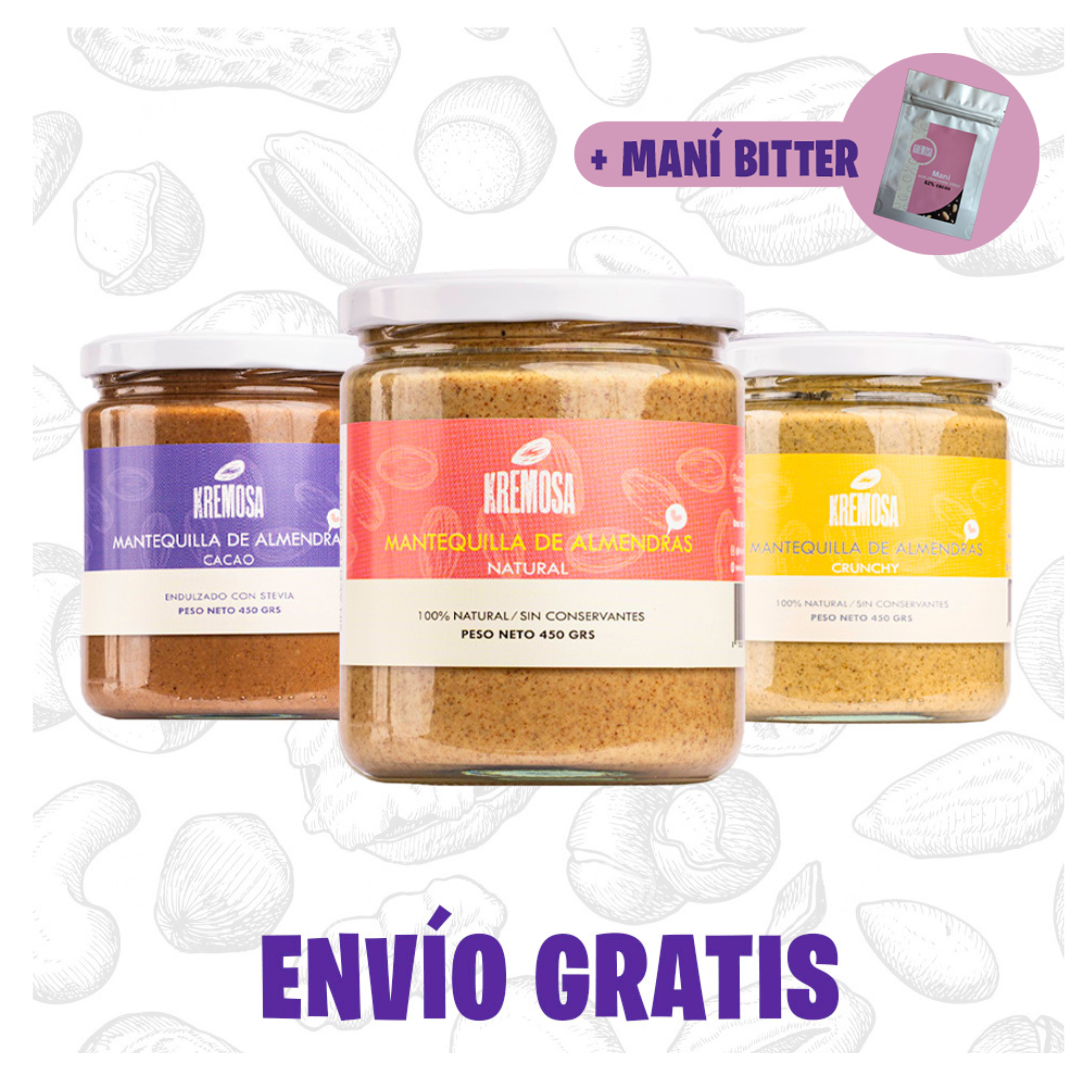 Trío Mantequilla de Almendra 450 grs (natural- crunchy- cacao)+ Regalo + GRATIS