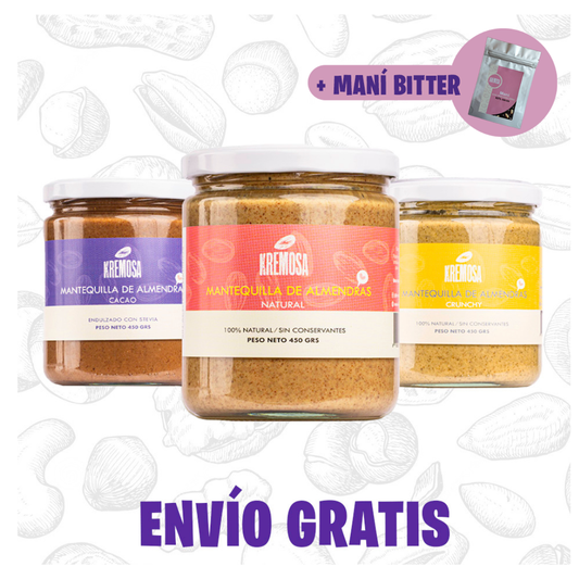 Trío Mantequilla de Almendra 450 grs (natural- crunchy- cacao) + Regalo + ENVÍO GRATIS