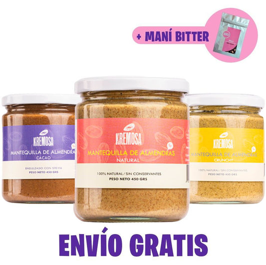 Trío Mantequilla de Almendra 450 grs (natural- crunchy- cacao) +  ENVÍO GRATIS