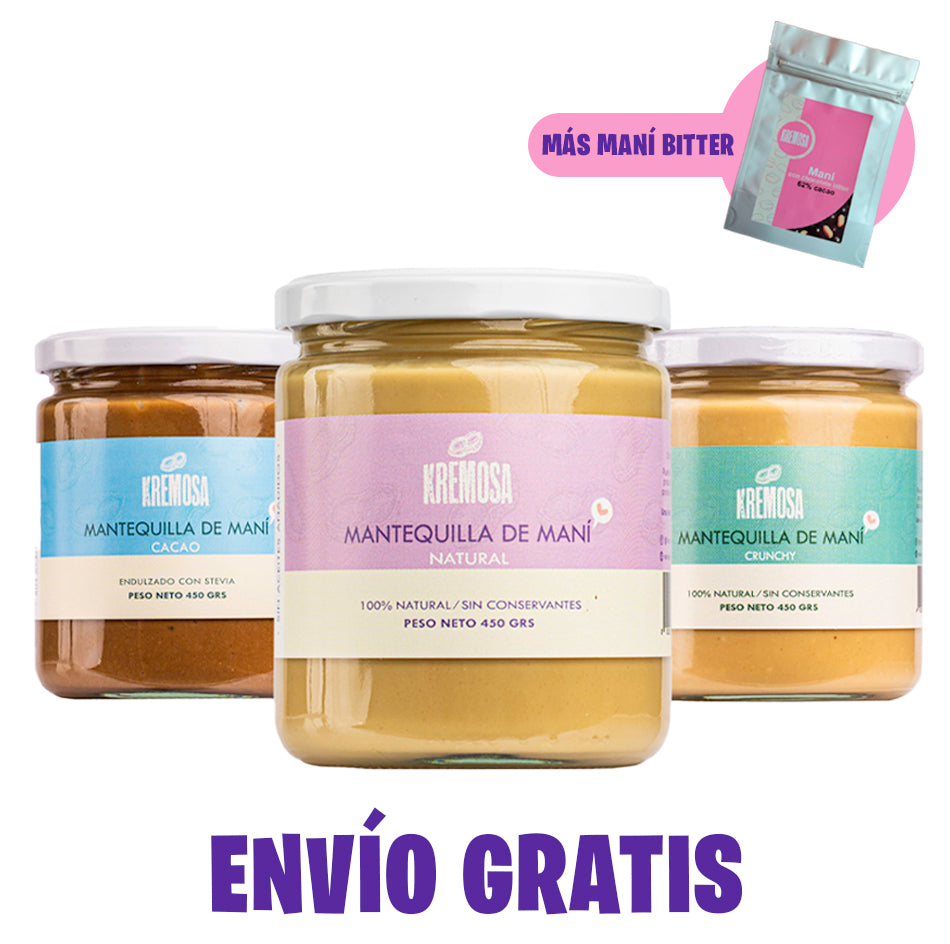 BESTSELLER Kremosa® Pack Trío Mantequilla de Maní 450 Grs + Maní Bitter + Envío Gratis