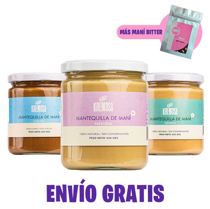 BESTSELLER Kremosa® Pack Trío Mantequilla de Maní 450 Grs + Maní Bitter + Envío Gratis