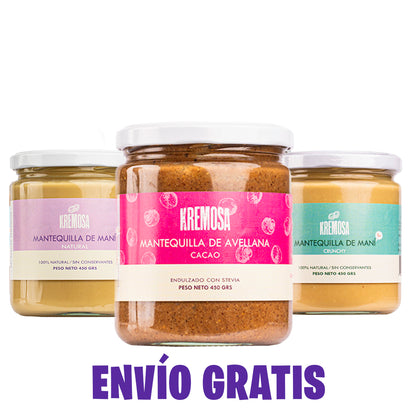 BESTSELLER Kremosa® Pack 1 Avellana Cacao, 1 Maní Natural y 1 Maní crunchy 450 Grs. + Envío Gratis
