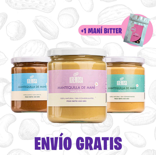 Trío Mantequilla de Maní 450 Grs (Natural-Crunchy-Cacao) + 1 Mani Bitter + ENVÍO GRATIS